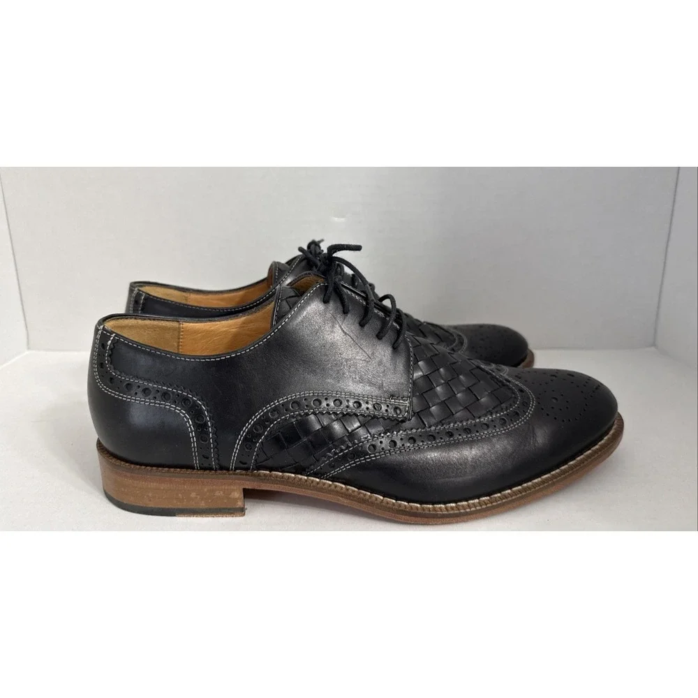 Paul Frederick Men's Wing Tip Black Leather Shoes Size 9.5 M Made in Italy Weave